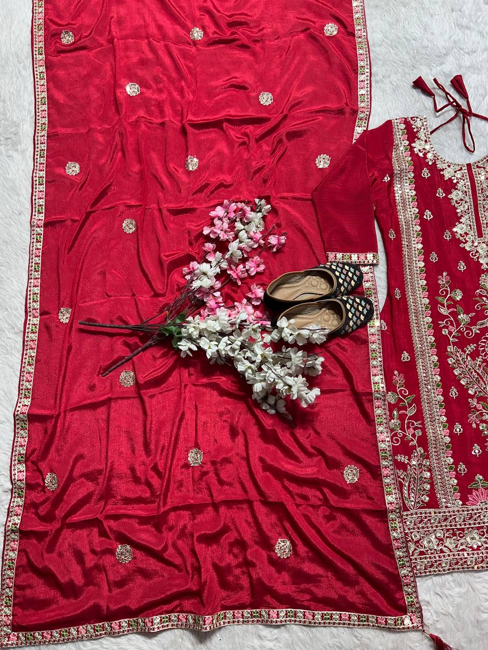 Pattern Wedding & Party Wear Sequence Work Red Color Sharara Suit