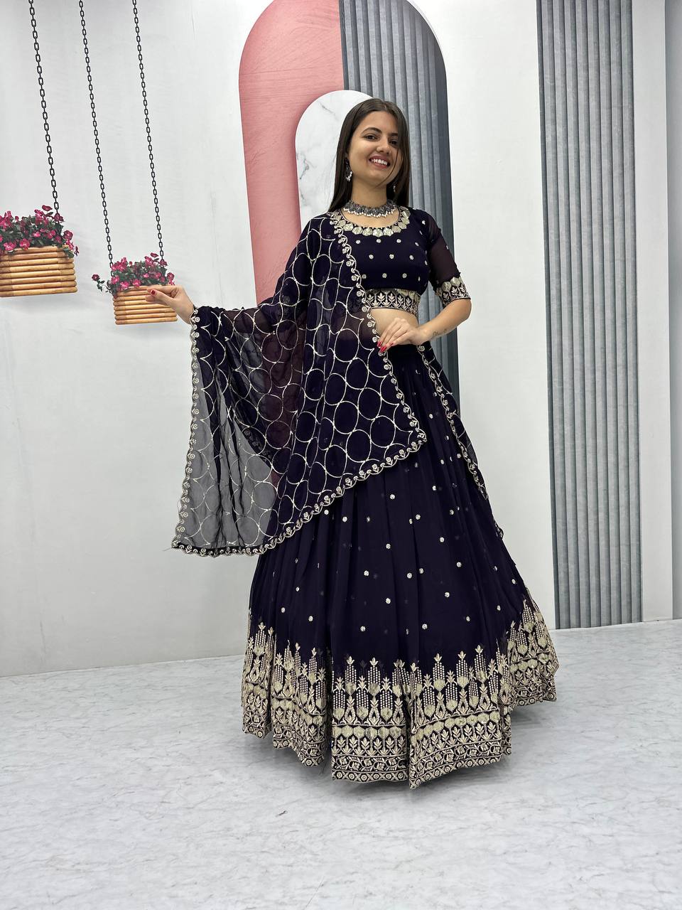 Festive Wear Thread And Sequence Work Black Color Lehenga Choli