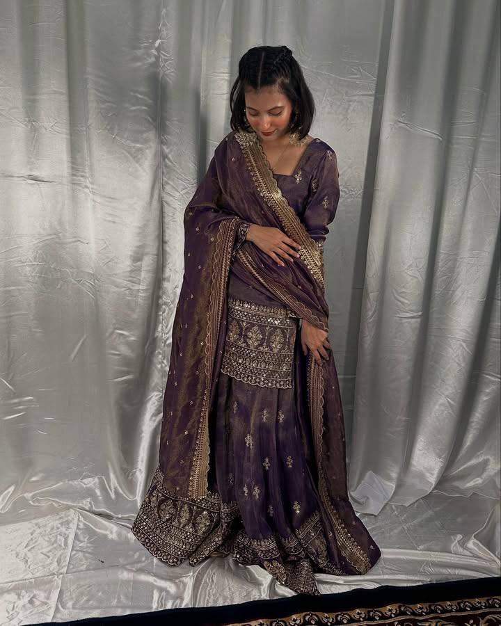 Outstanding Embroidery Sequins Work Purple Color Sharara Suit