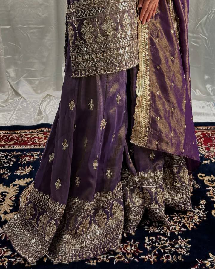 Outstanding Embroidery Sequins Work Purple Color Sharara Suit