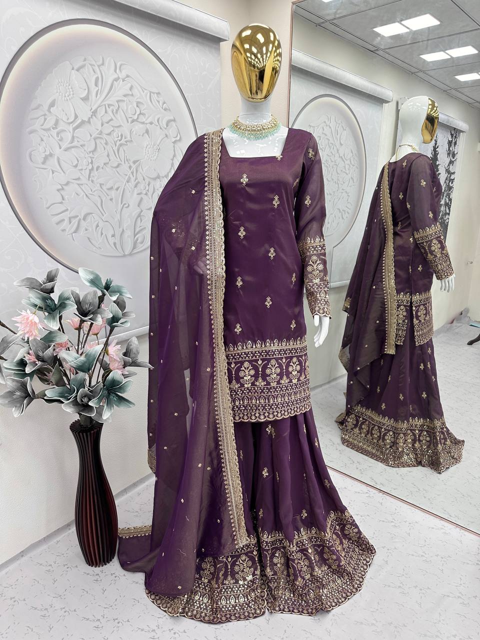 Outstanding Embroidery Sequins Work Purple Color Sharara Suit