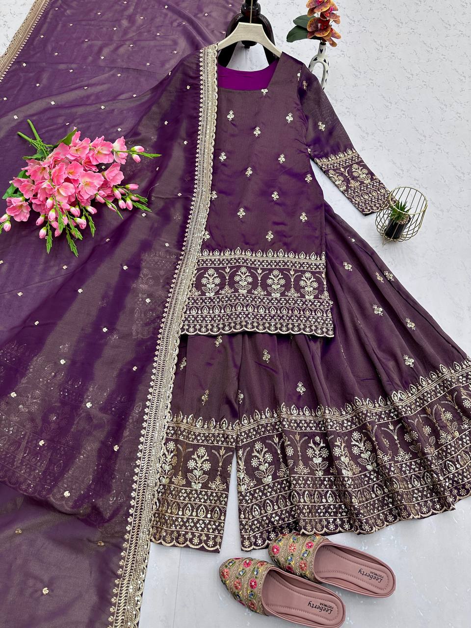 Outstanding Embroidery Sequins Work Purple Color Sharara Suit