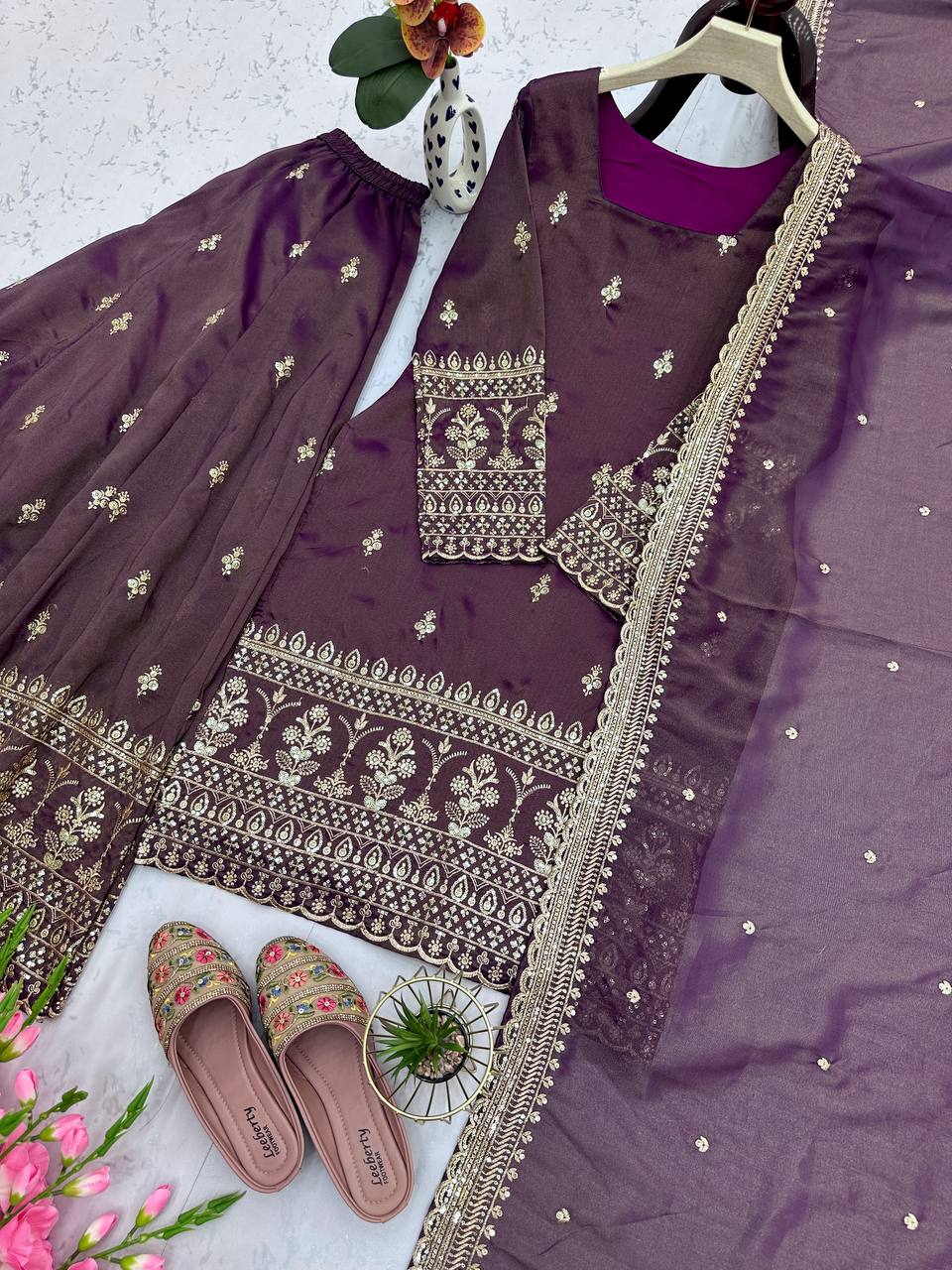 Outstanding Embroidery Sequins Work Purple Color Sharara Suit