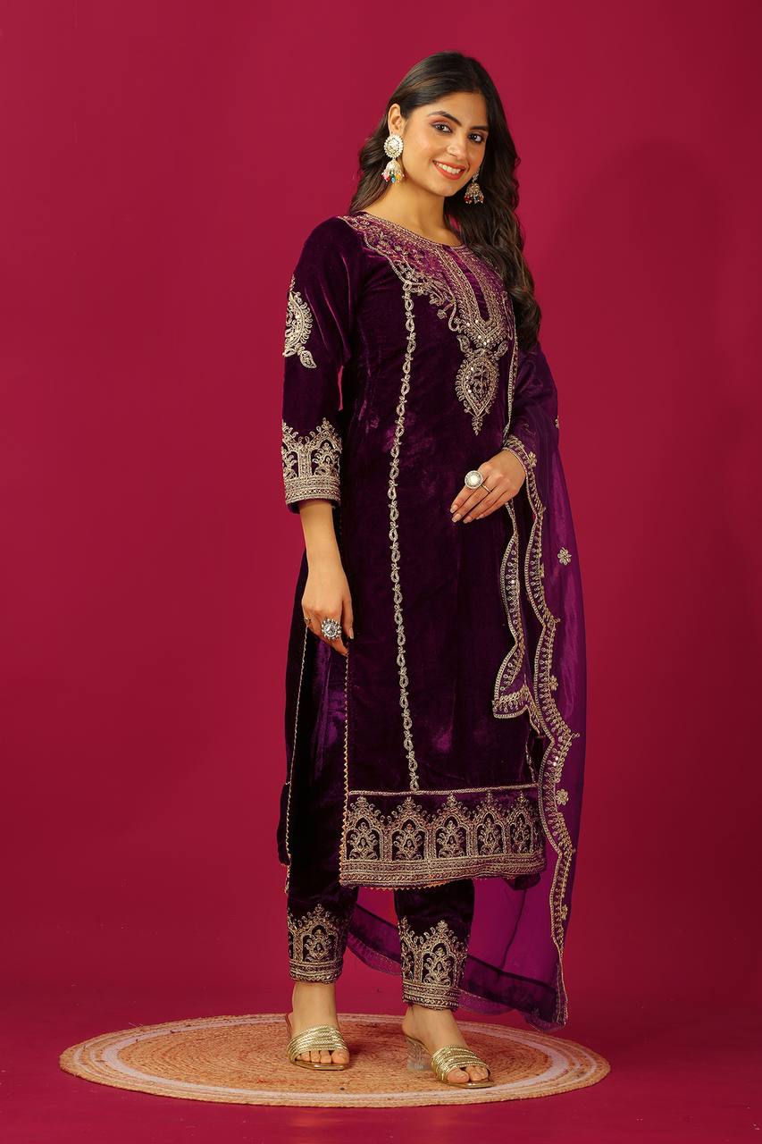 Demanding Velvet Embroidery Work Wine Color Salwar Suit