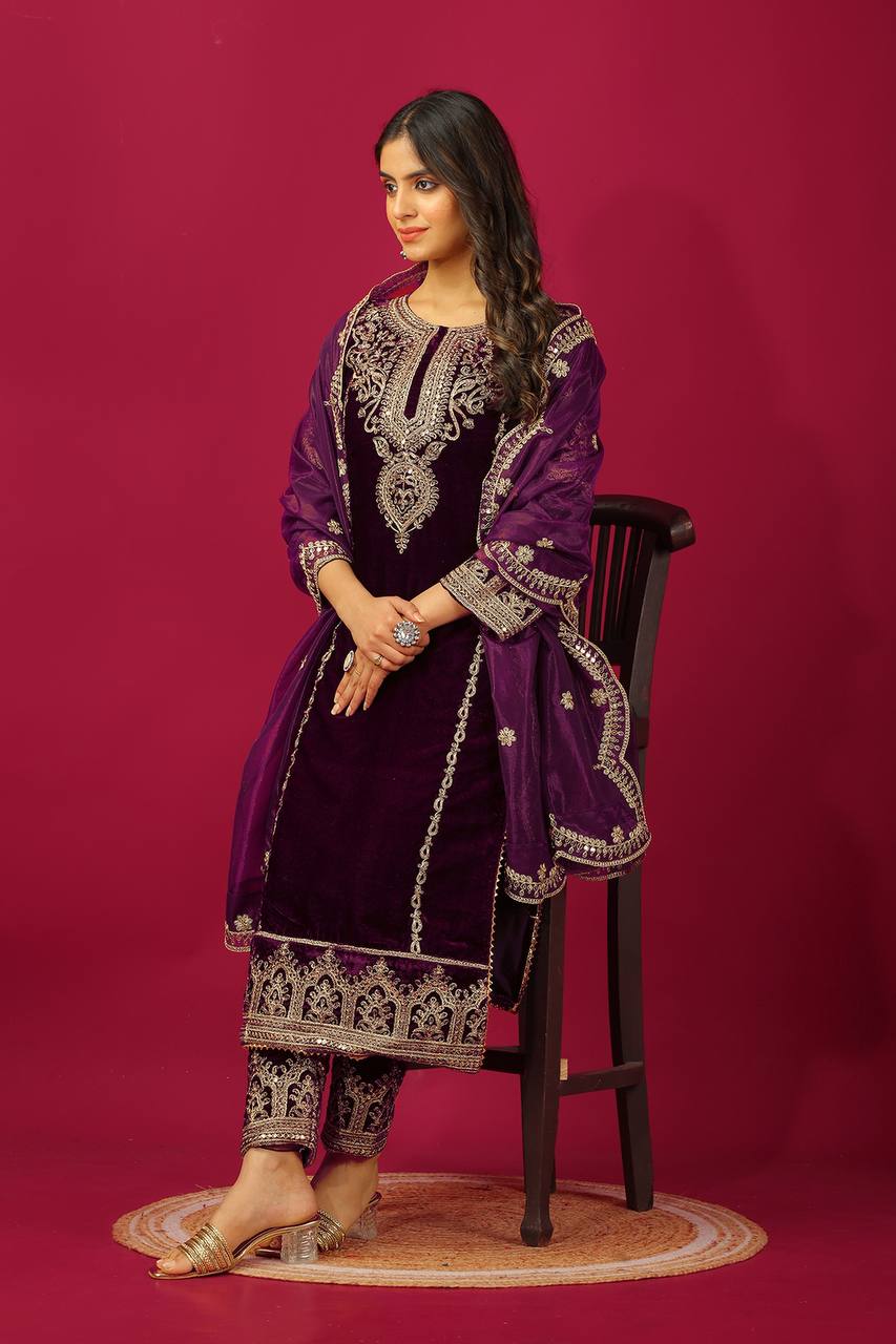 Demanding Velvet Embroidery Work Wine Color Salwar Suit