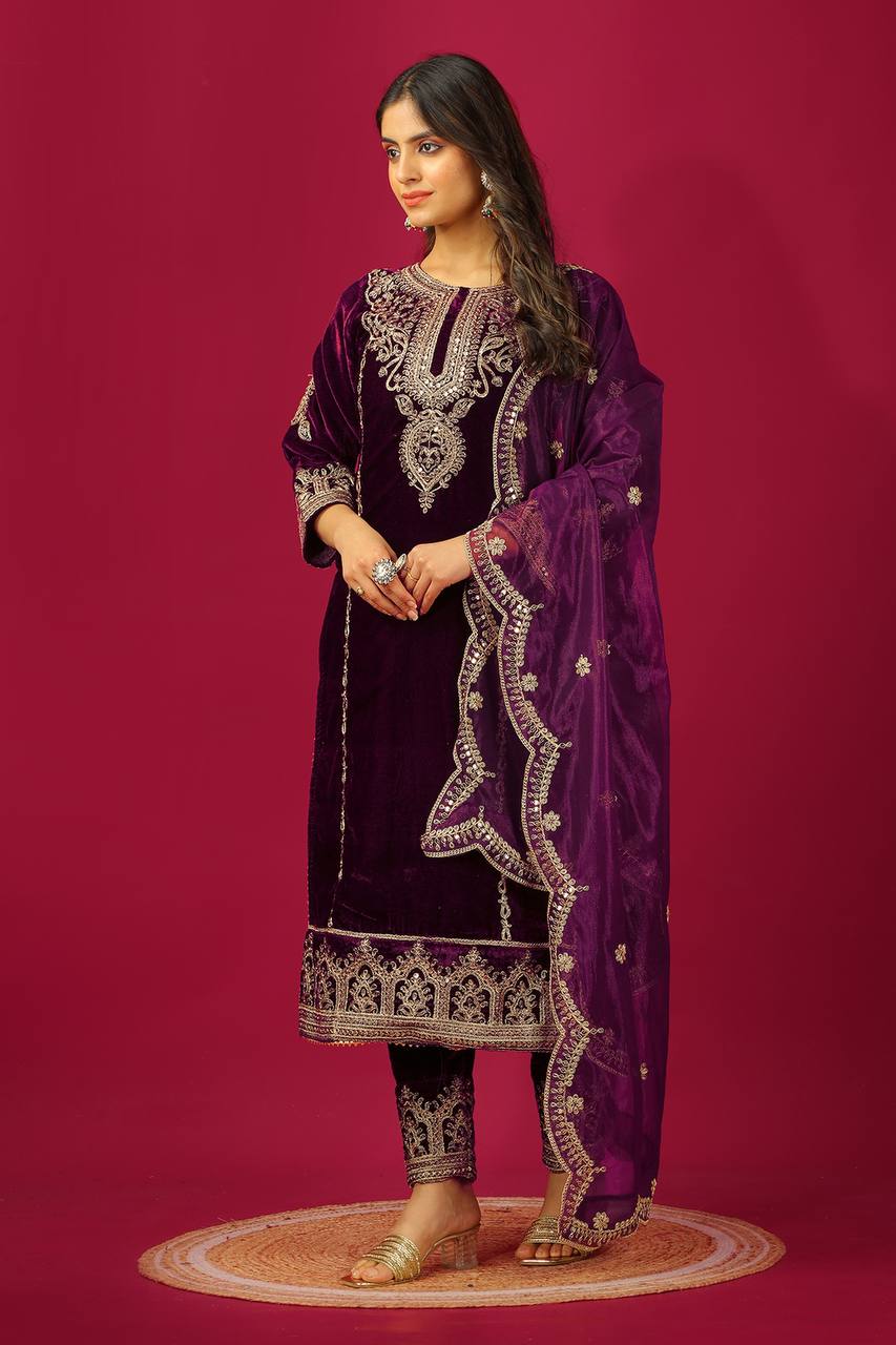 Demanding Velvet Embroidery Work Wine Color Salwar Suit