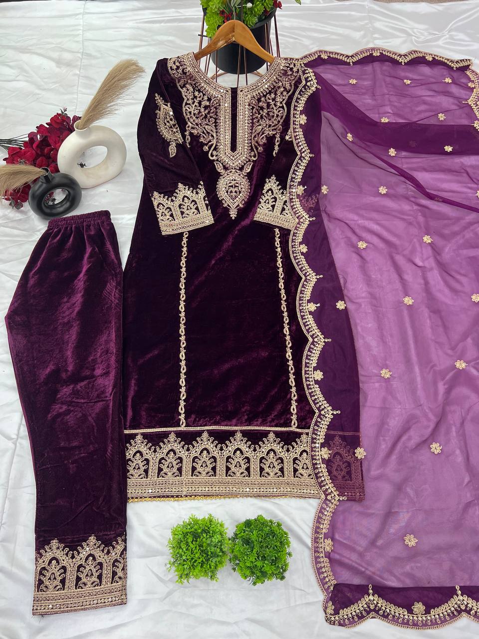 Demanding Velvet Embroidery Work Wine Color Salwar Suit