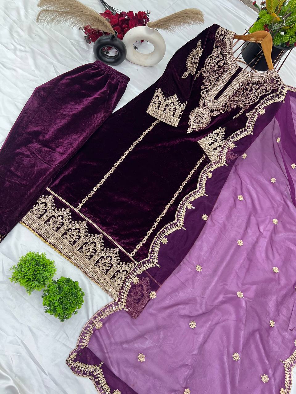 Demanding Velvet Embroidery Work Wine Color Salwar Suit