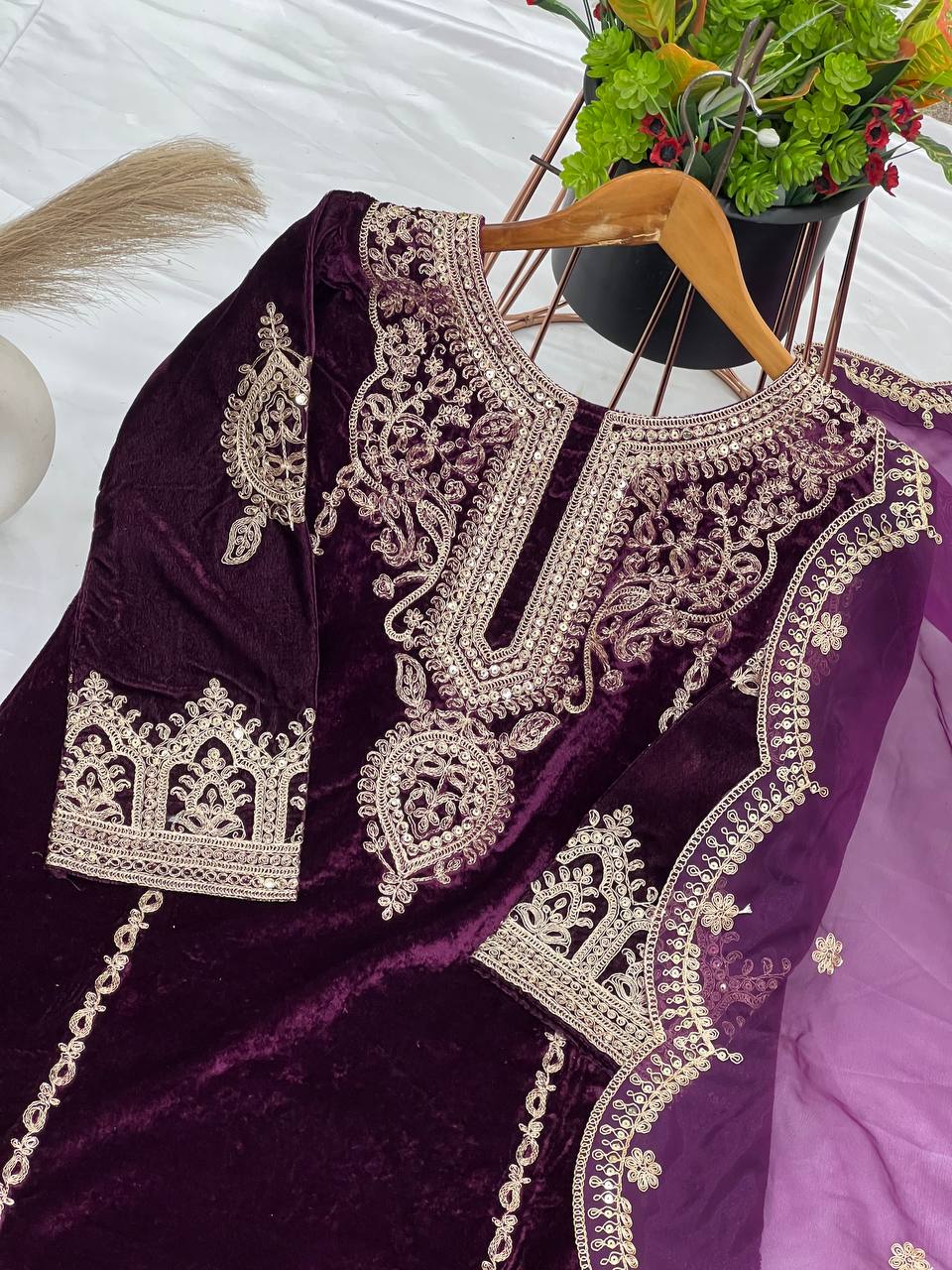 Demanding Velvet Embroidery Work Wine Color Salwar Suit