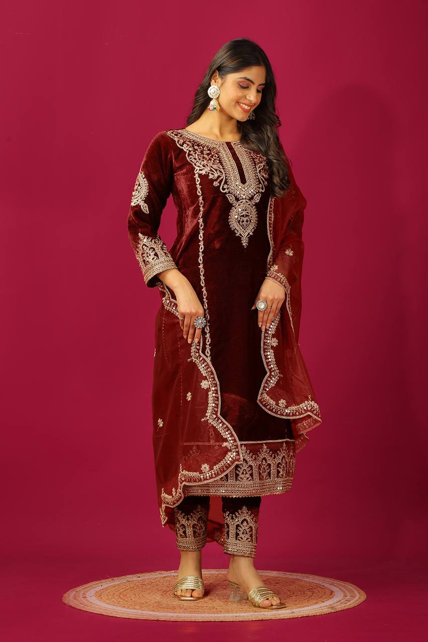 Demanding Velvet Embroidery Work Maroon Color Salwar Suit