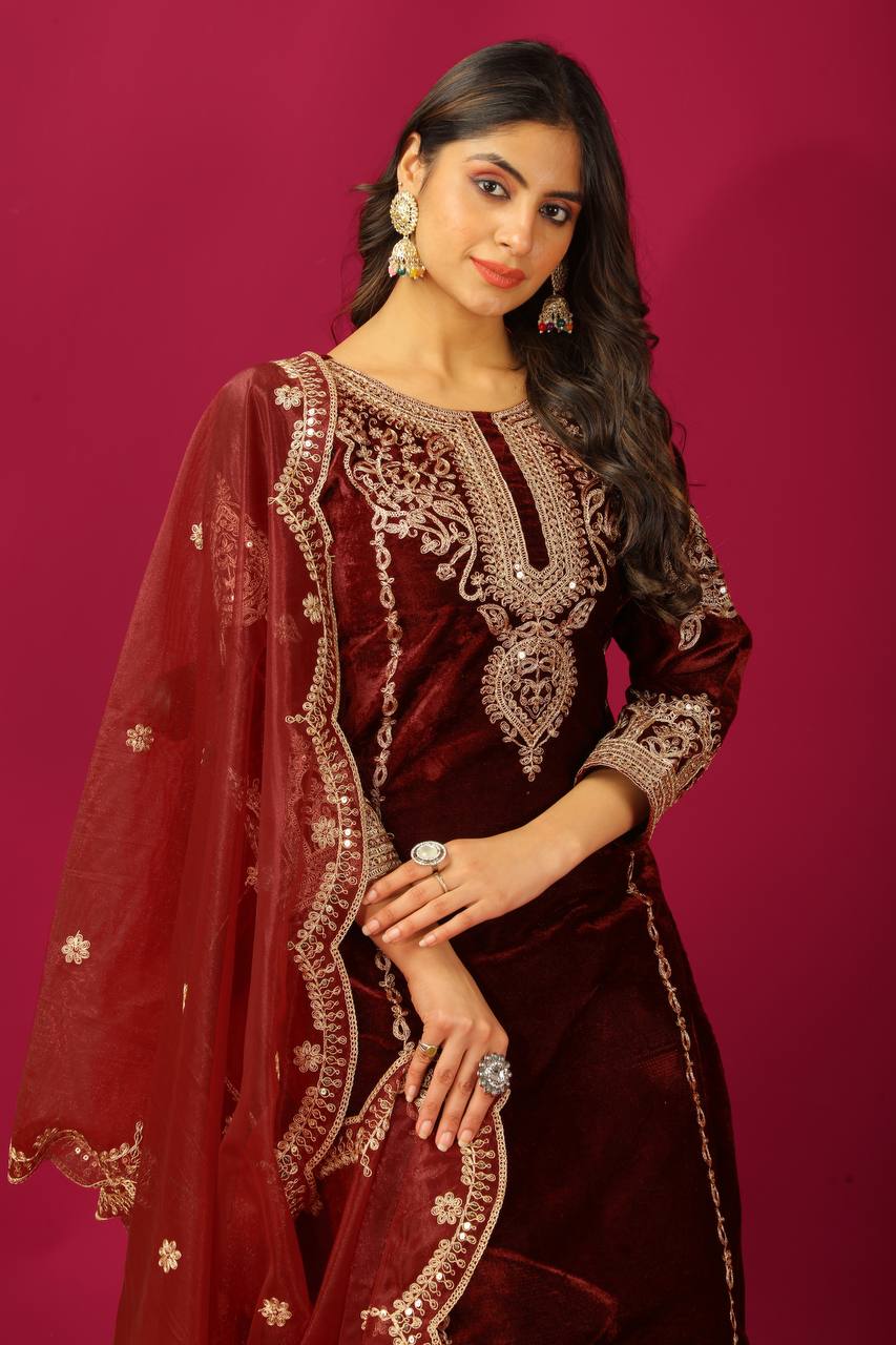 Demanding Velvet Embroidery Work Maroon Color Salwar Suit