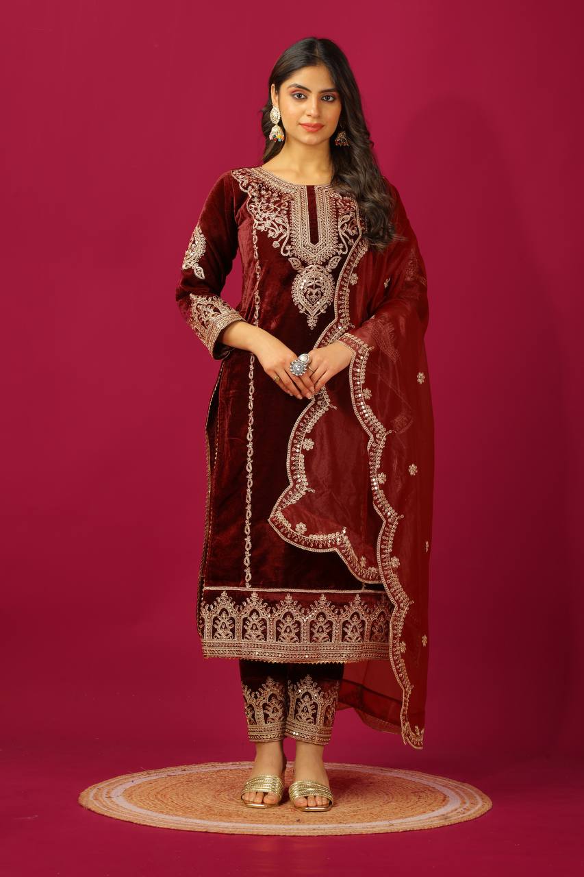 Demanding Velvet Embroidery Work Maroon Color Salwar Suit