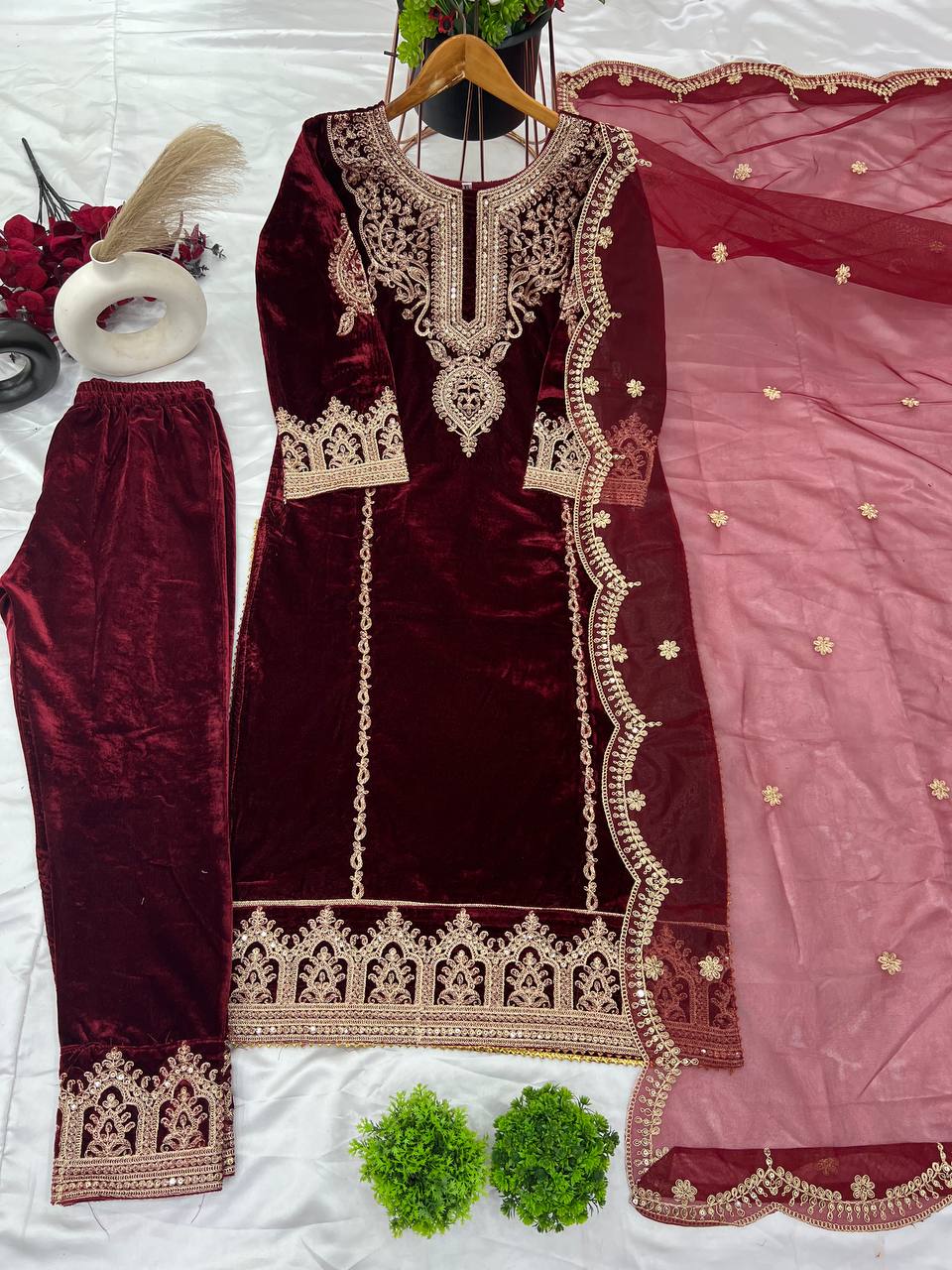 Demanding Velvet Embroidery Work Maroon Color Salwar Suit