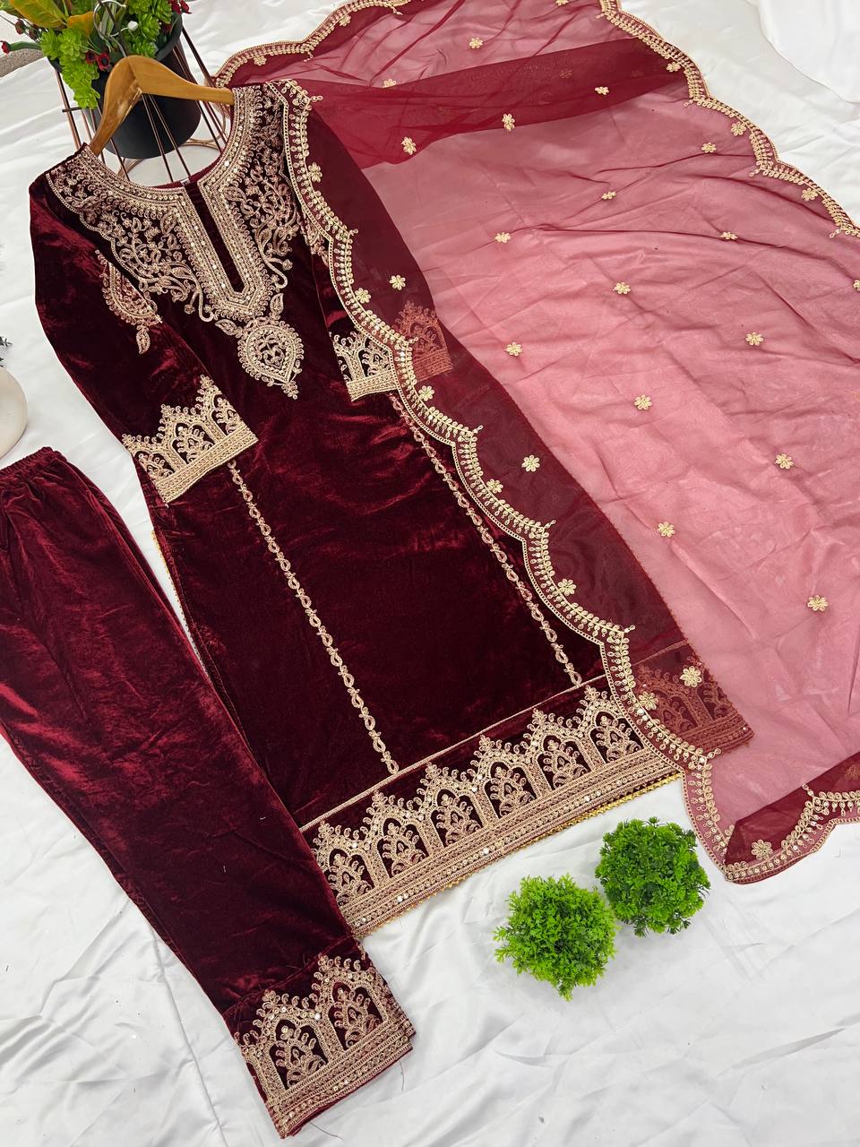 Demanding Velvet Embroidery Work Maroon Color Salwar Suit