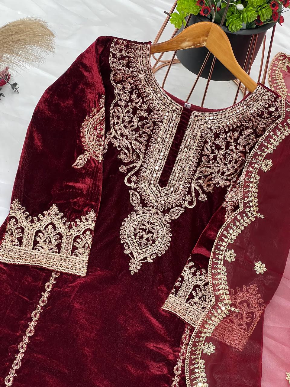 Demanding Velvet Embroidery Work Maroon Color Salwar Suit