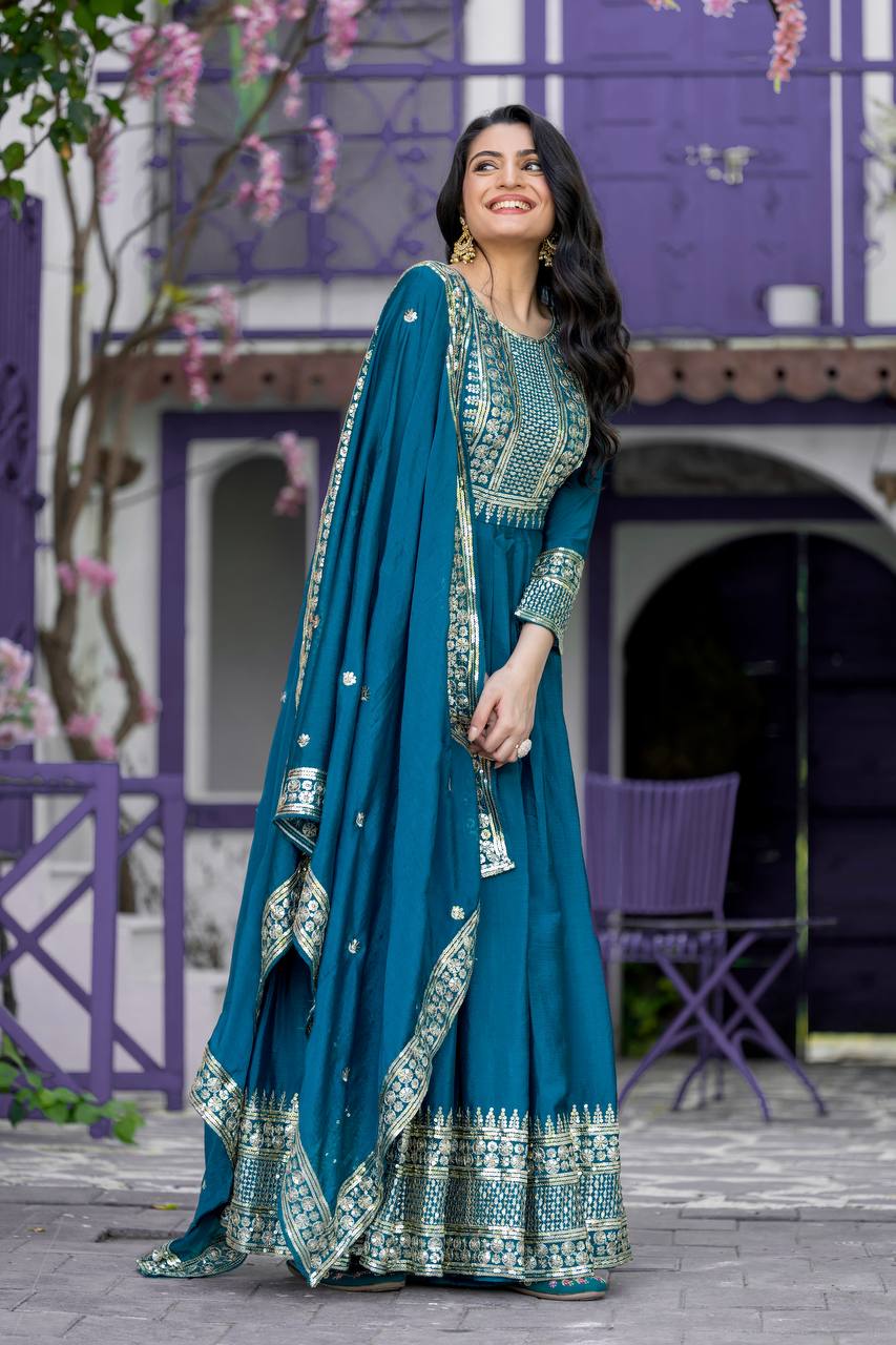 Beautiful Chinon Silk Teal Blue Color Sequence Work Gown