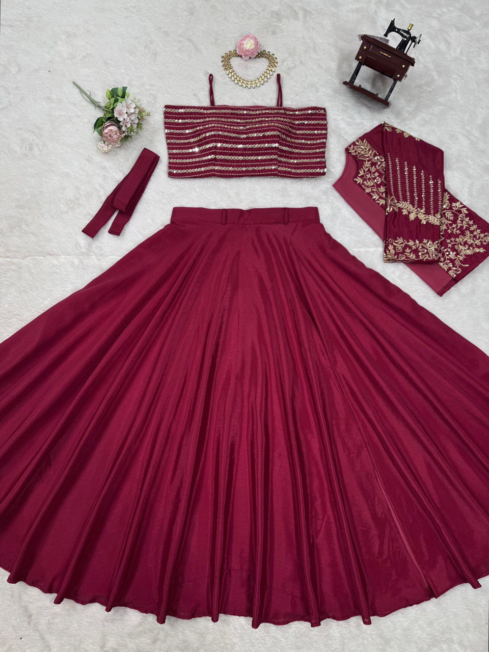 Stunning Sequence Work Maroon Color Lehenga Choli With Koti