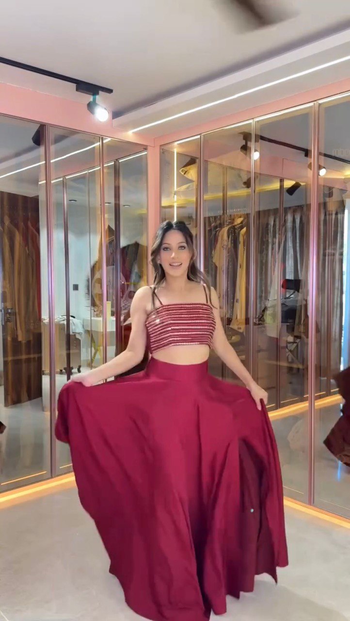 Stunning Sequence Work Maroon Color Lehenga Choli With Koti