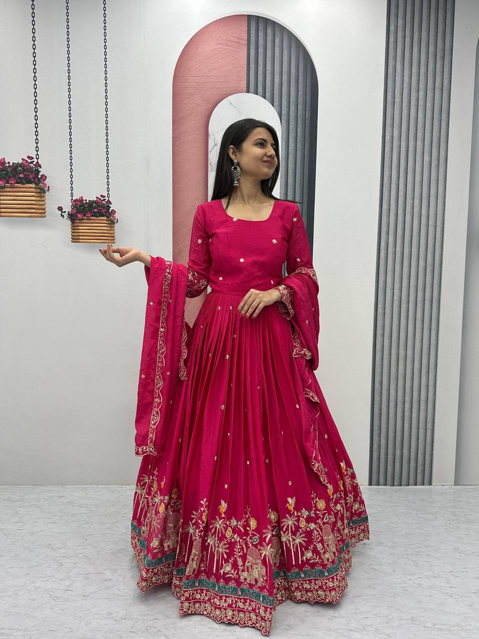 Look Designer Embroidery Sequence Work Pink Color Long Gown