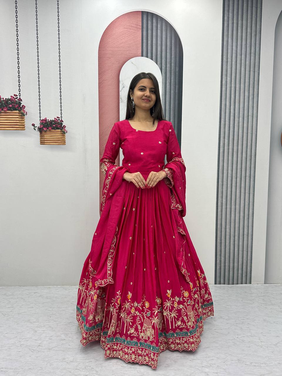 Look Designer Embroidery Sequence Work Pink Color Long Gown