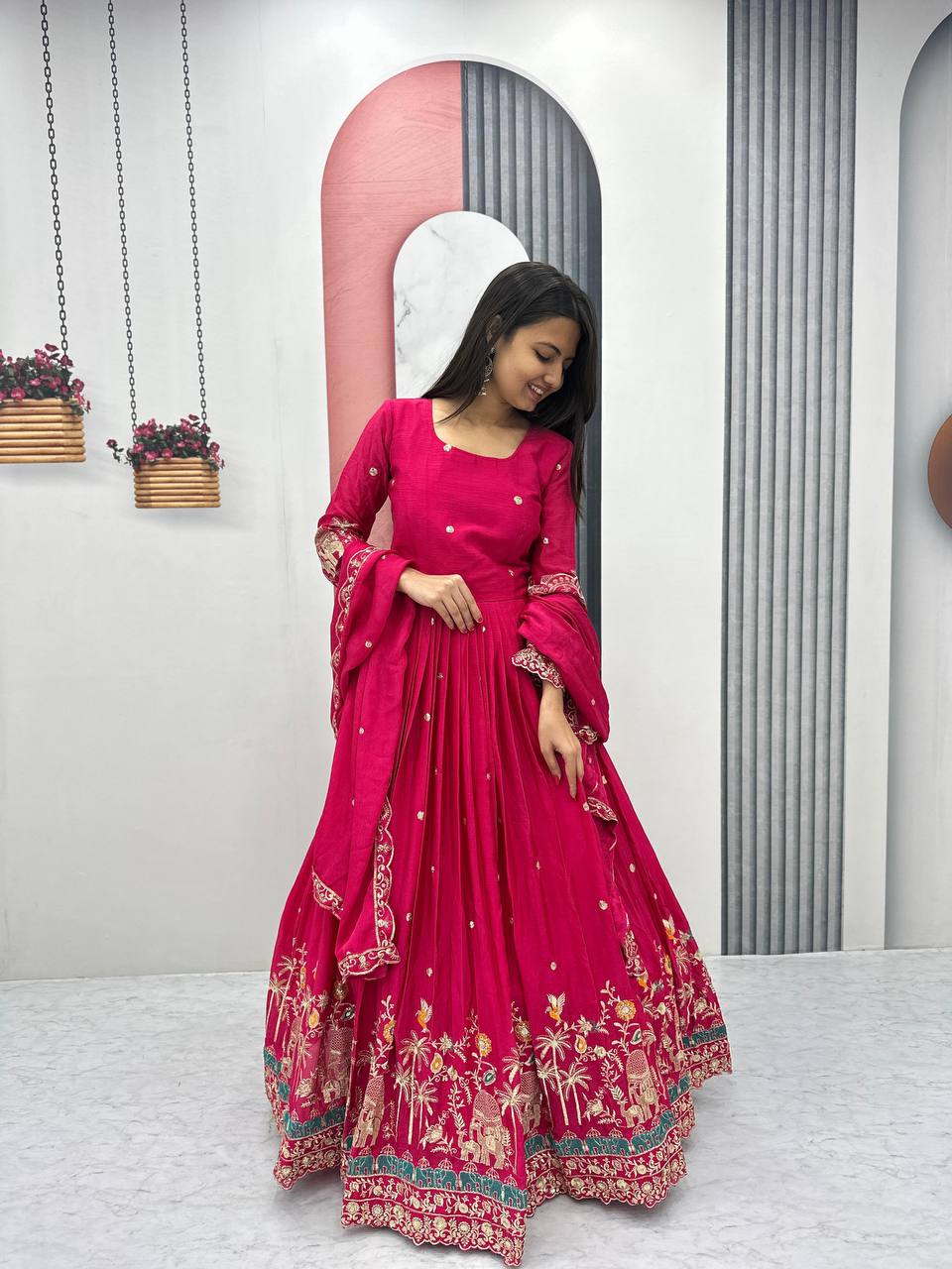 Look Designer Embroidery Sequence Work Pink Color Long Gown