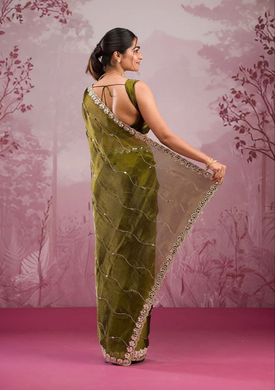 Good Looking Glitter Dori Work Green Color Designer Saree