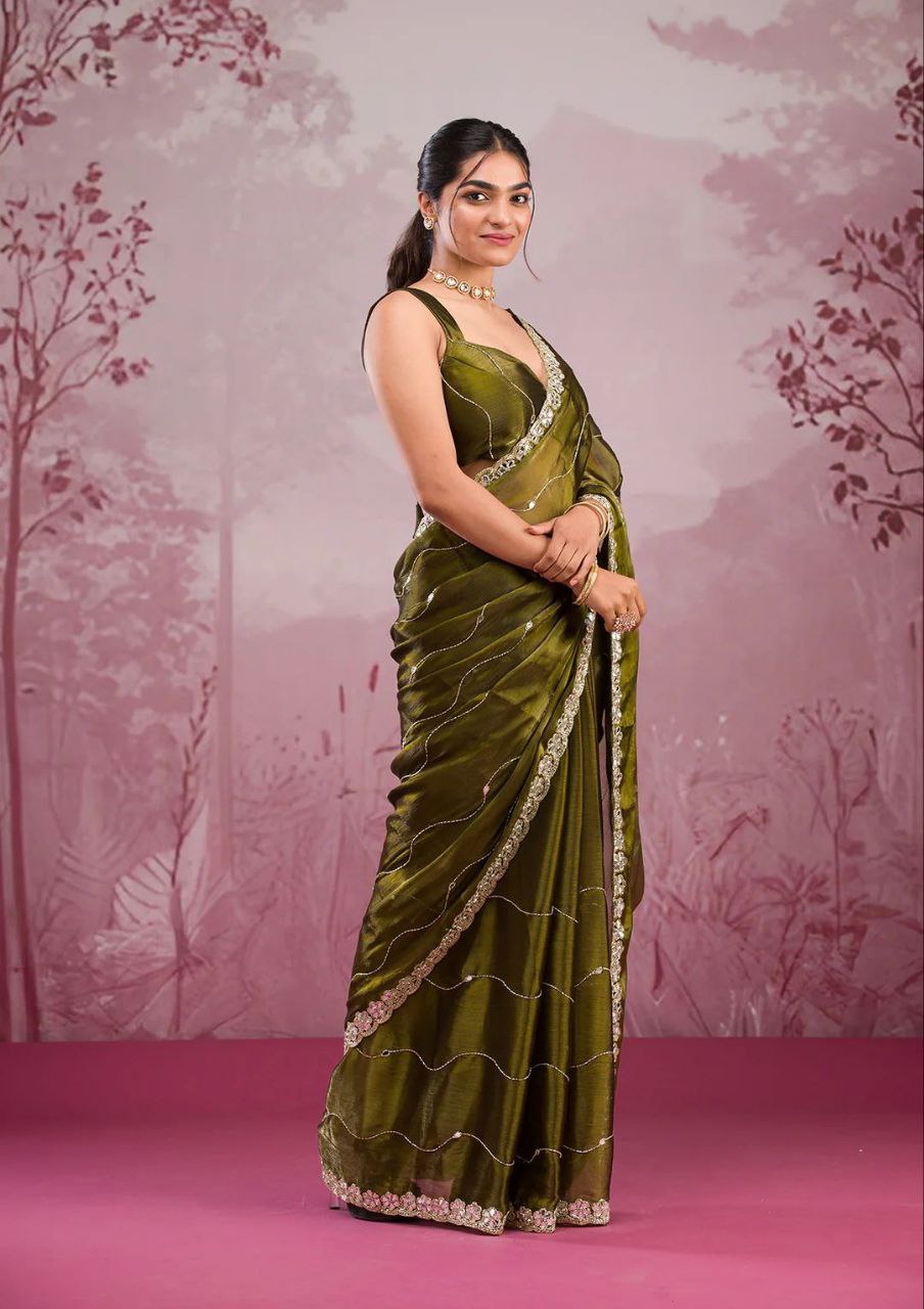 Good Looking Glitter Dori Work Green Color Designer Saree