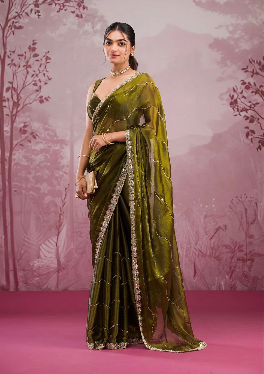 Good Looking Glitter Dori Work Green Color Designer Saree