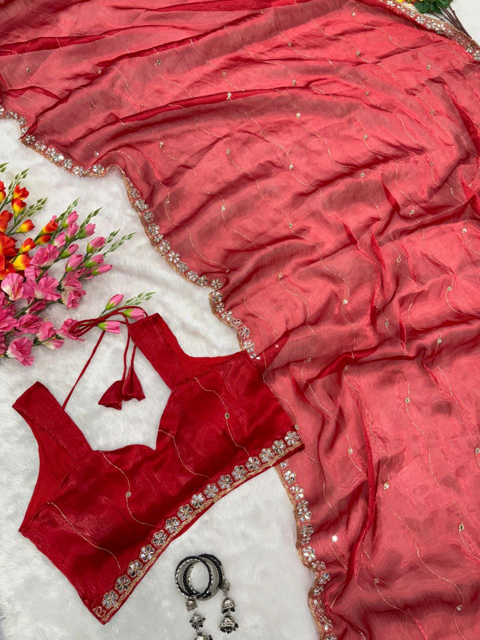 Good Looking Glitter Dori Work Red Color Designer Saree