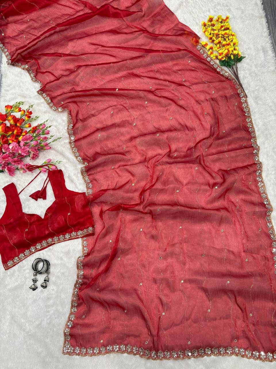 Good Looking Glitter Dori Work Red Color Designer Saree