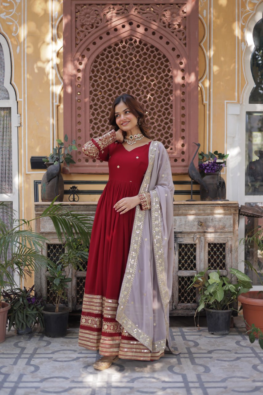 Outstanding Sequins Work Red Color Gown With Dupatta