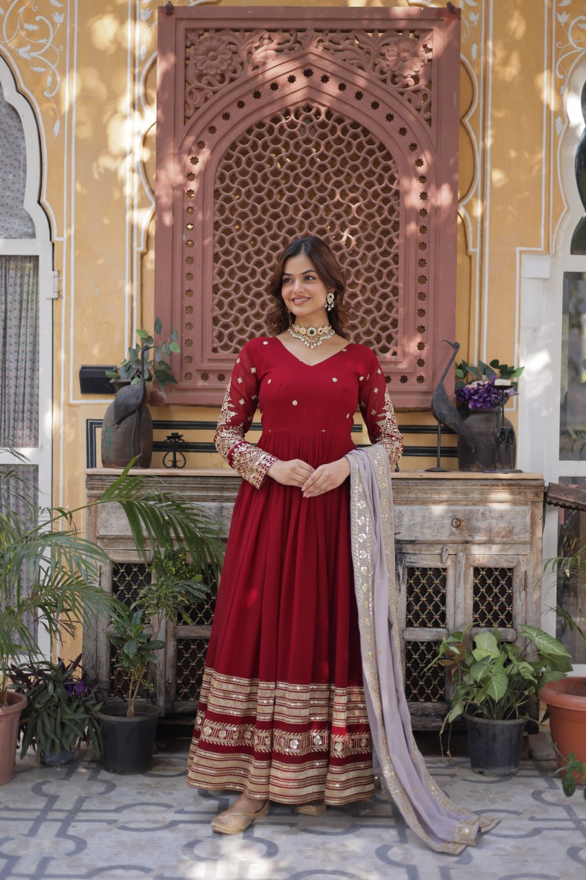 Outstanding Sequins Work Red Color Gown With Dupatta