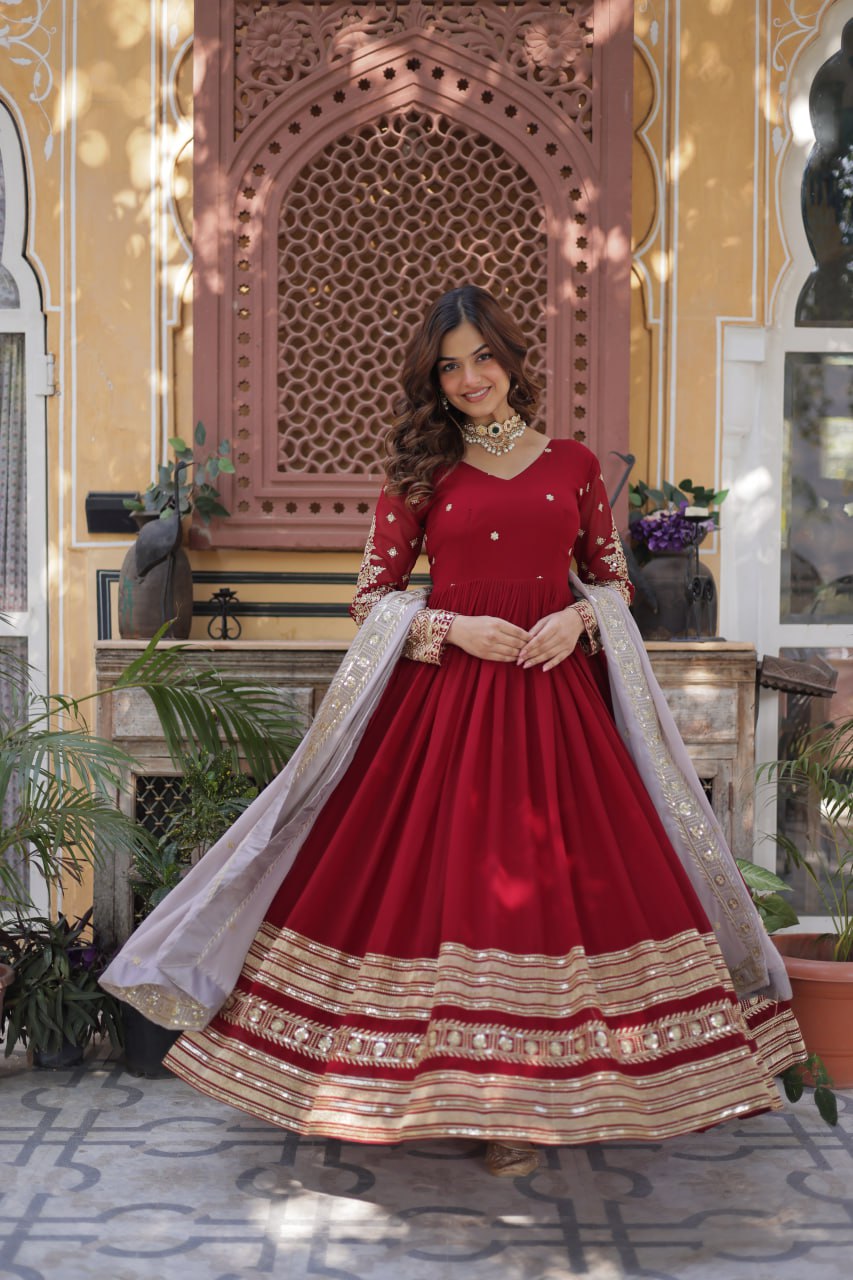 Outstanding Sequins Work Red Color Gown With Dupatta