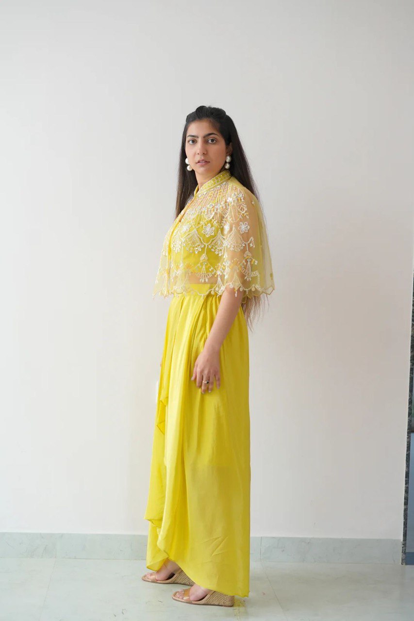 Party Wear Natural Crep Lemon Color DHoti Suit With Koti