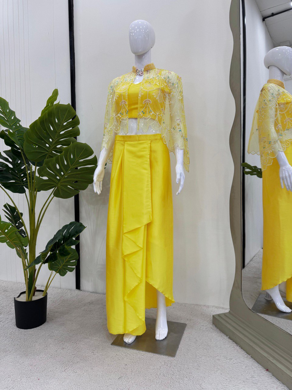 Party Wear Natural Crep Lemon Color DHoti Suit With Koti