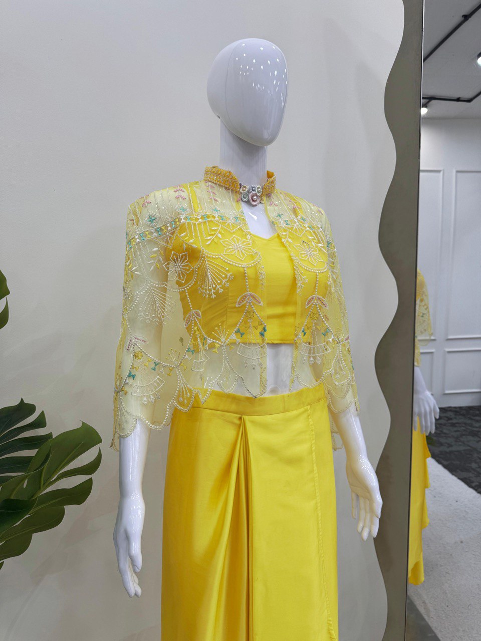 Party Wear Natural Crep Lemon Color DHoti Suit With Koti