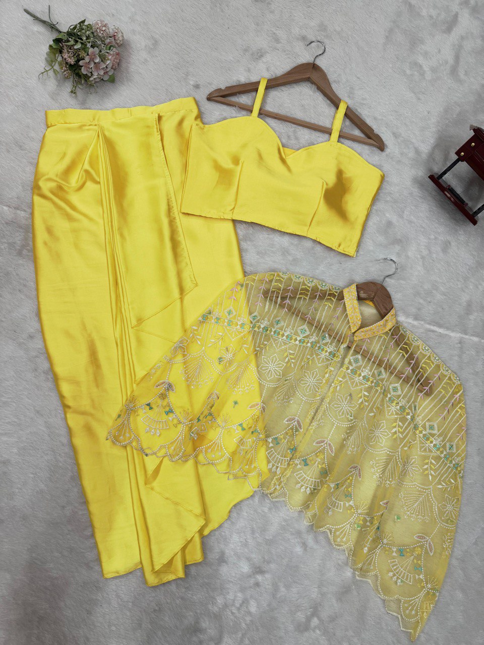 Party Wear Natural Crep Lemon Color DHoti Suit With Koti