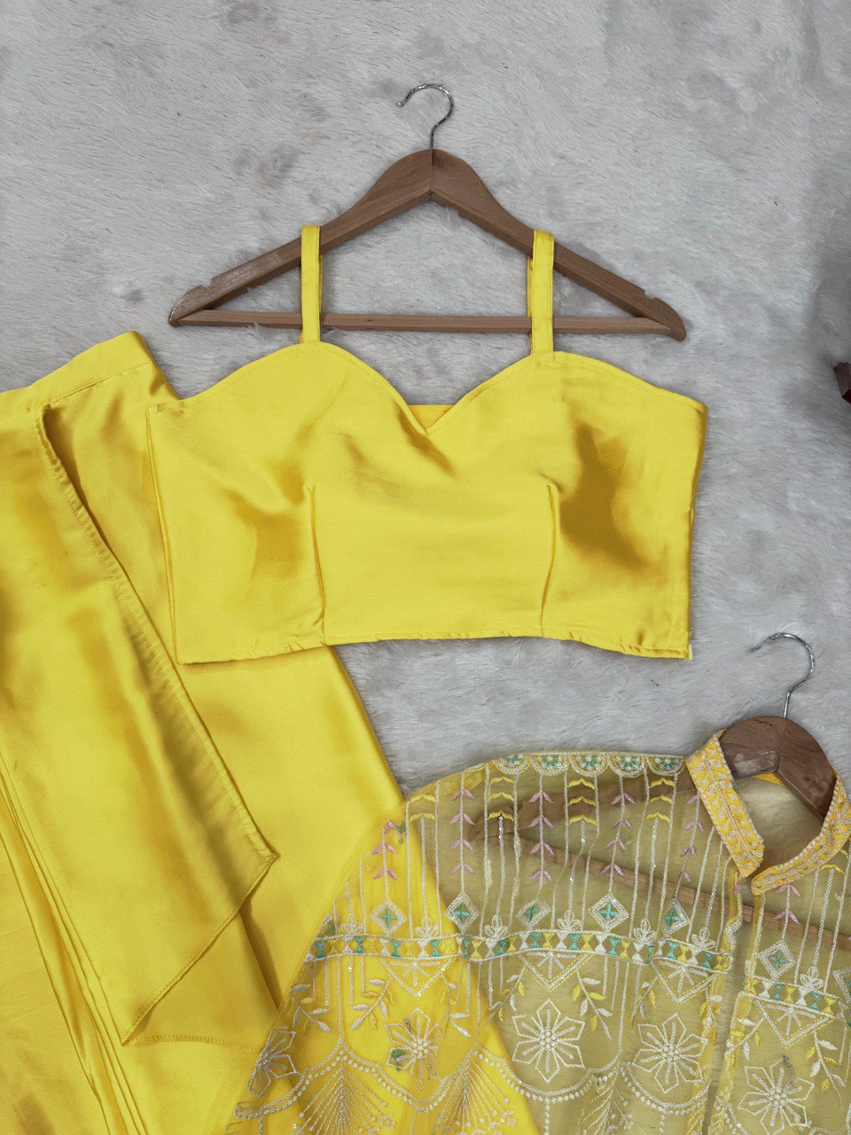 Party Wear Natural Crep Lemon Color DHoti Suit With Koti