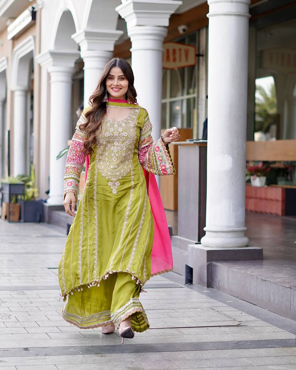 Delightful Embroidery  Sequence Work Green Color Sharara Suit