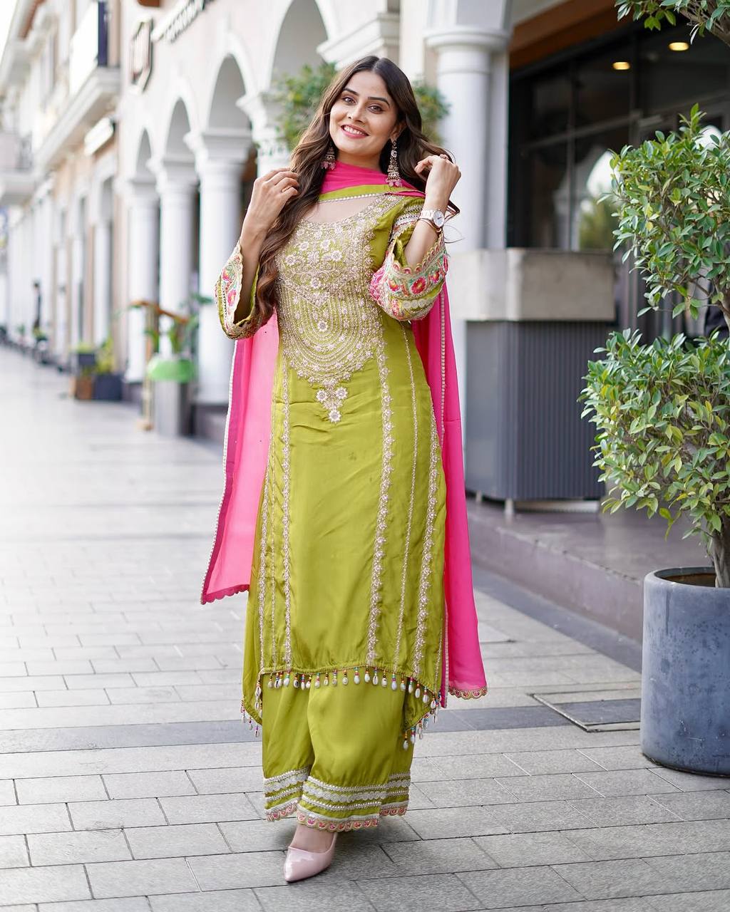 Delightful Embroidery  Sequence Work Green Color Sharara Suit