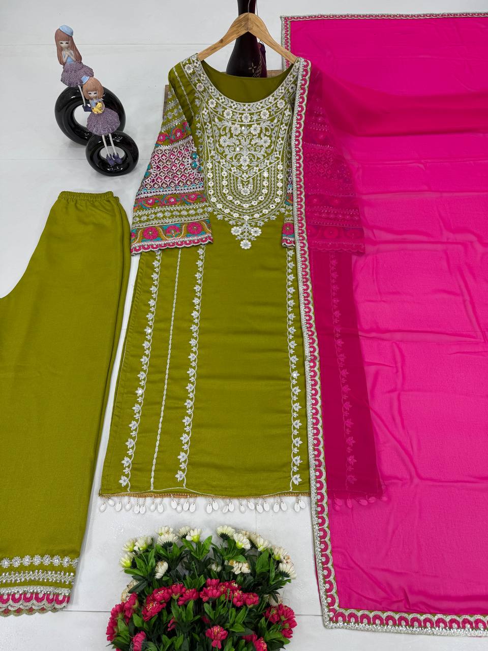 Delightful Embroidery  Sequence Work Green Color Sharara Suit