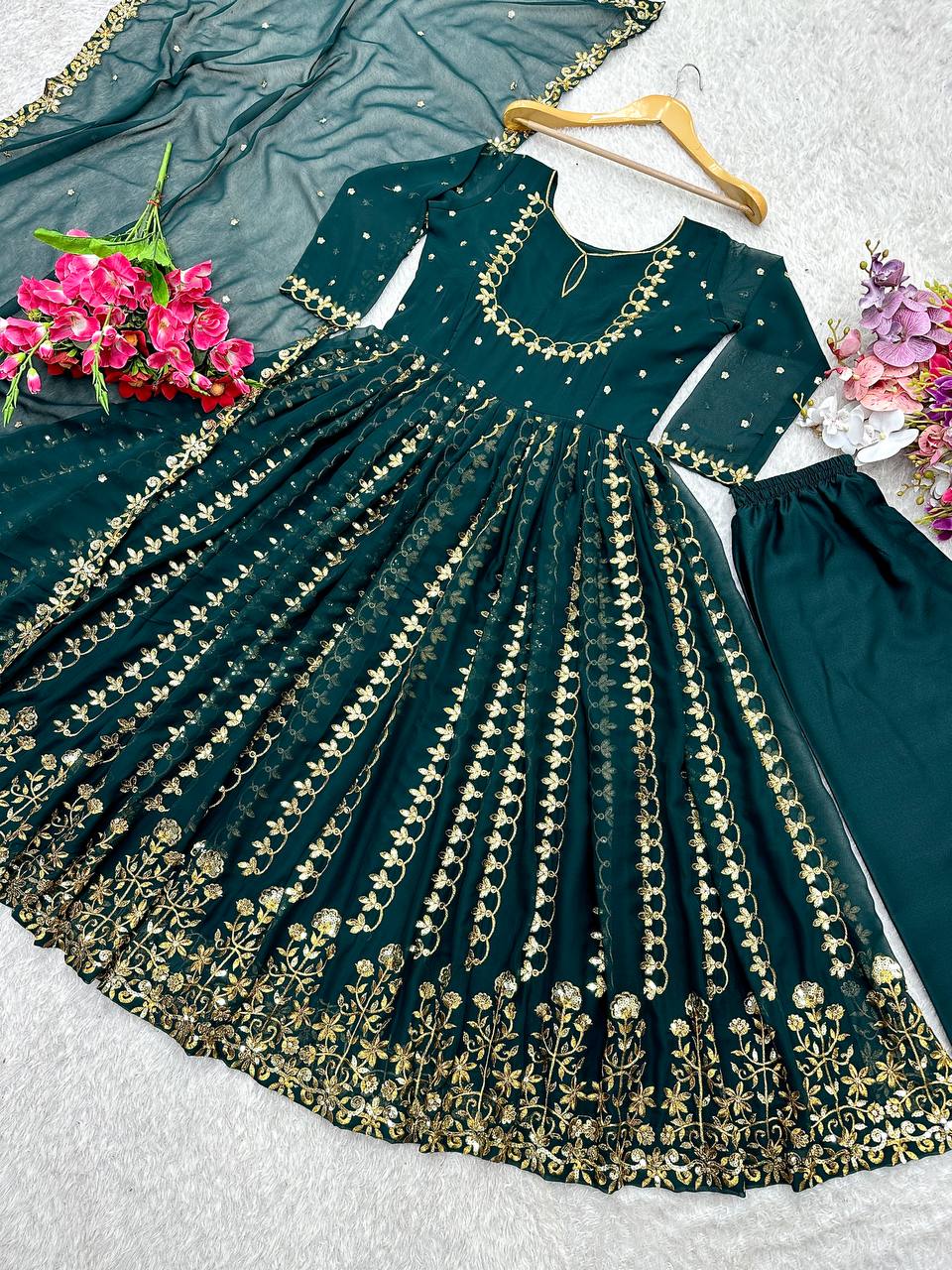 Attractive Sequence Work Green Color Long Gown With Dupatta