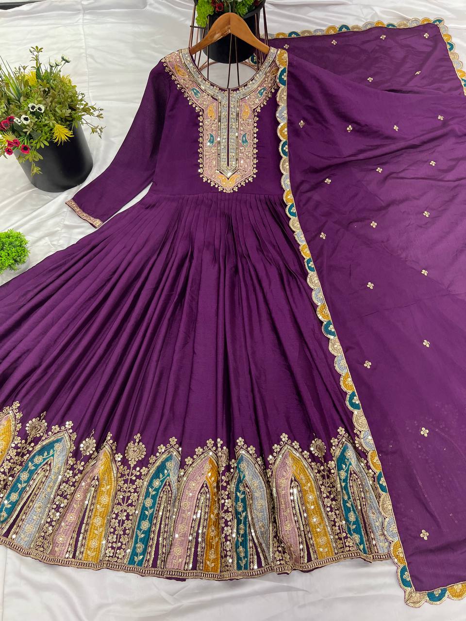 Classic Sequence Work Chinon Silk Purple Color Gown