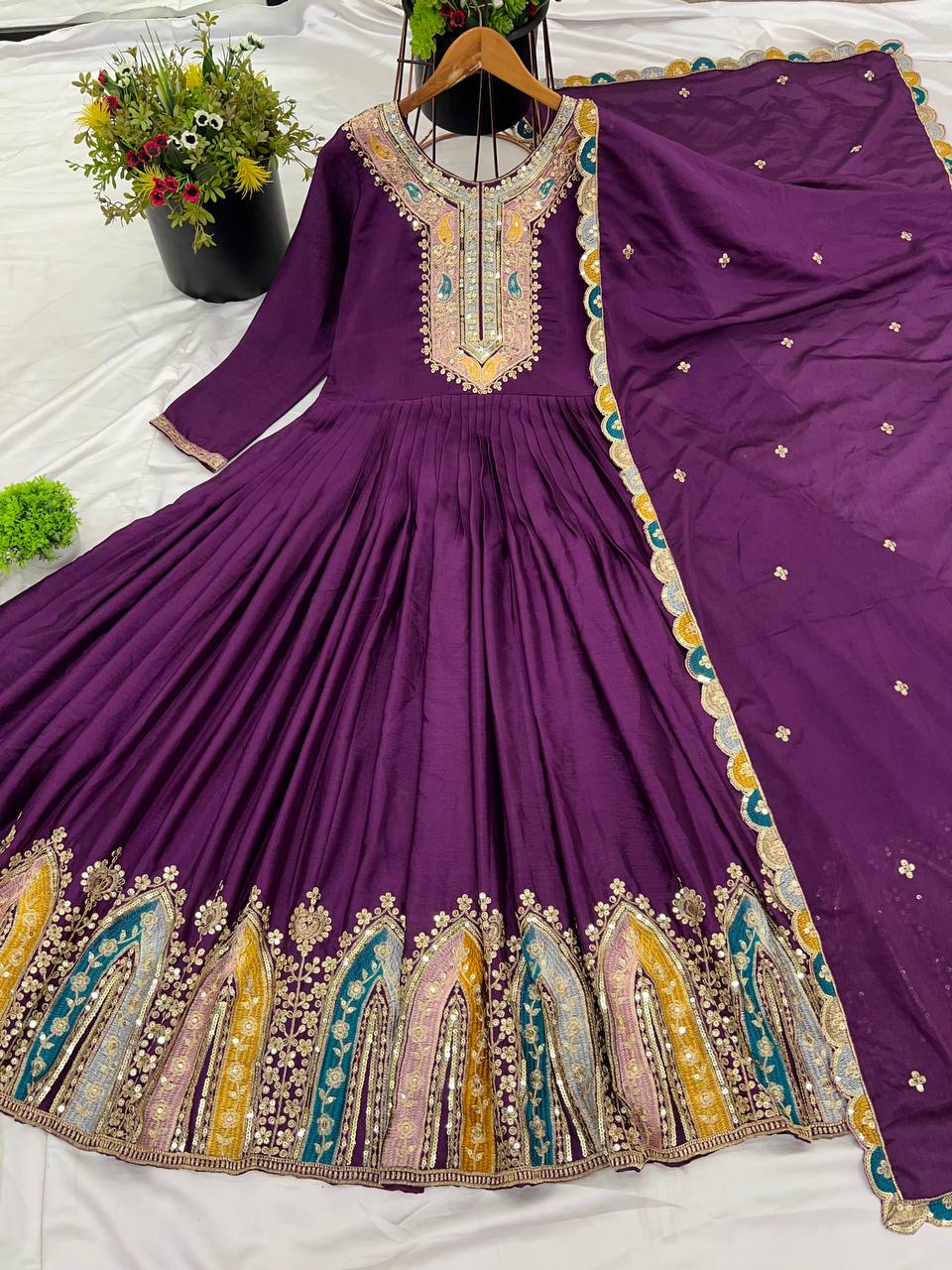 Classic Sequence Work Chinon Silk Purple Color Gown