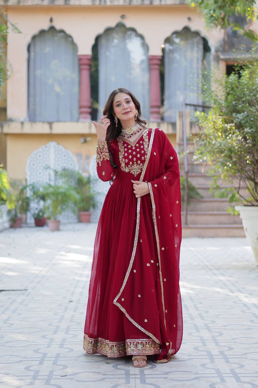 Delightful Sequins Embroidered Work Maroon Color Gown With Dupatta