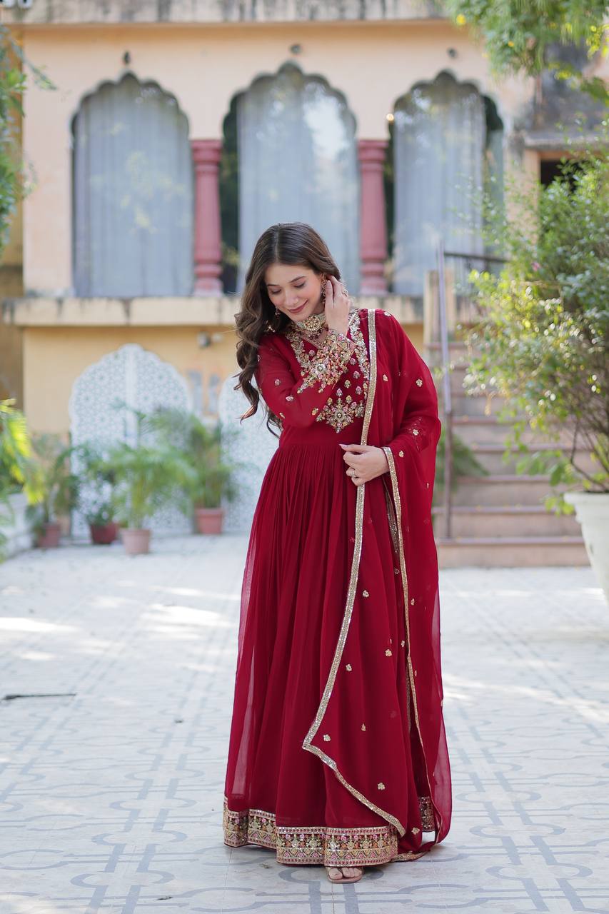 Delightful Sequins Embroidered Work Maroon Color Gown With Dupatta