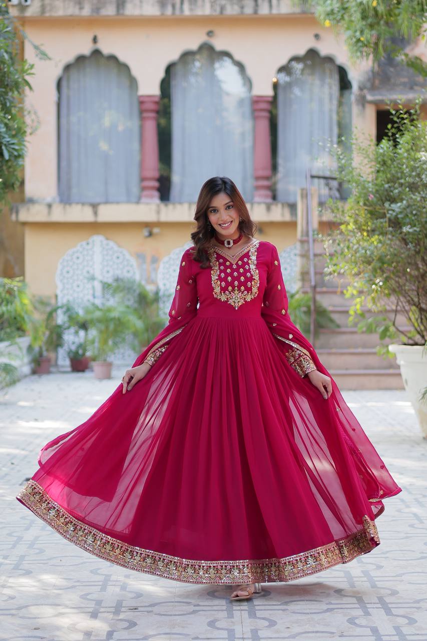 Delightful Sequins Embroidered Work Pink Color Gown With Dupatta