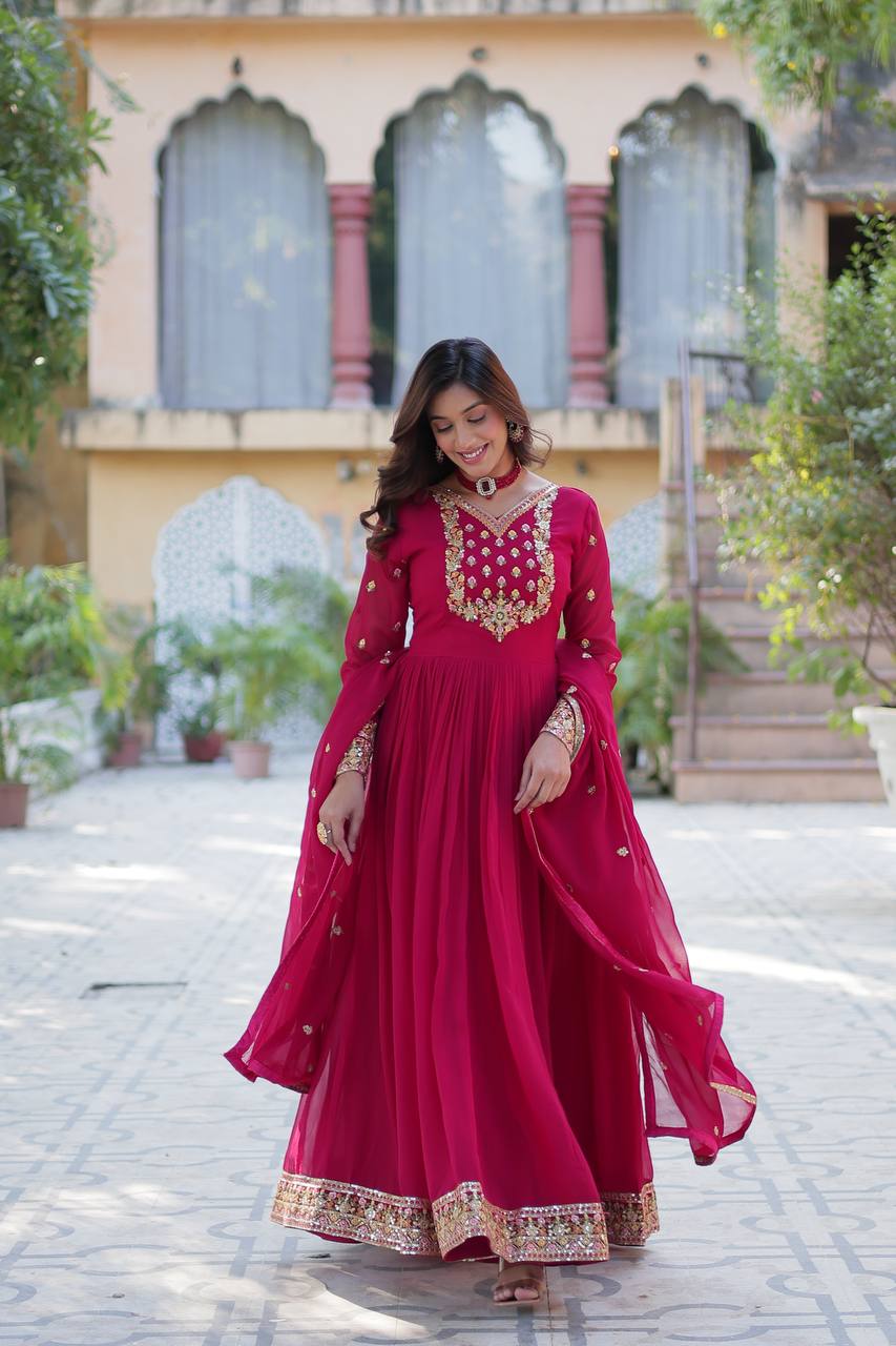 Delightful Sequins Embroidered Work Pink Color Gown With Dupatta