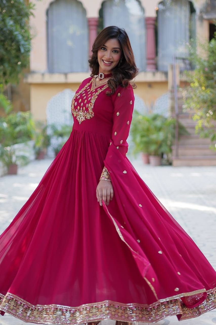 Delightful Sequins Embroidered Work Pink Color Gown With Dupatta