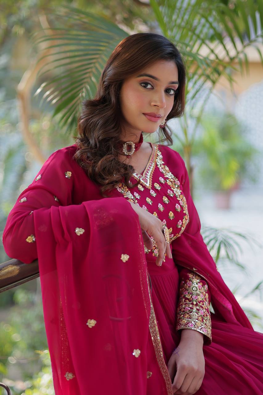 Delightful Sequins Embroidered Work Pink Color Gown With Dupatta